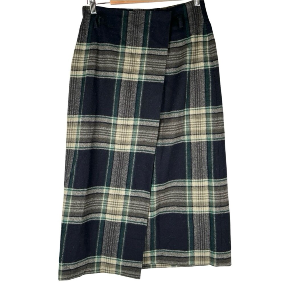 Eddie Bauer Vintage 100% Wool Navy Tartan Plaid Wrap Midi Skirt Women’s Size 8